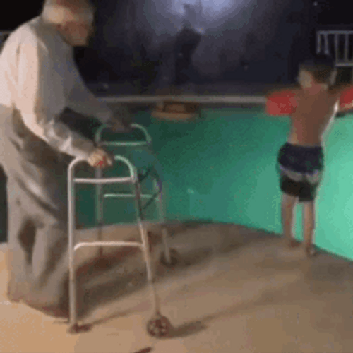 Old Man Kick Child In Pool GIF