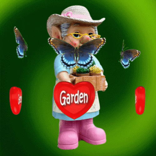 Old Woman Gardening With Butterflies GIF