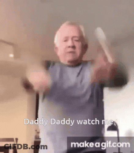 Older Man Holding Spoon Says Daddy Daddy Watch Me Make A GIF