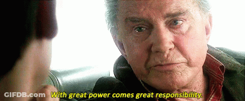 Older Man Telling Younger Man With Great Power Comes Great Responsibility GIF