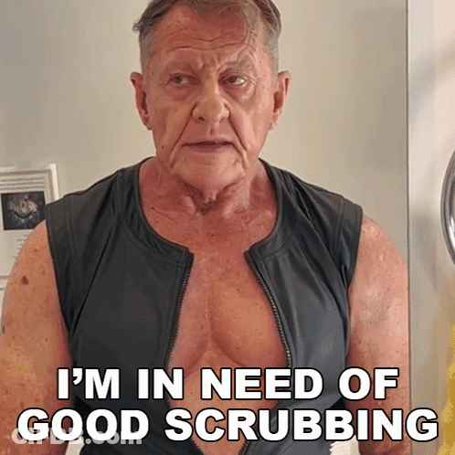 Older Man With Chest Zipper Saying I'm In Need Of Good Scrubbing GIF