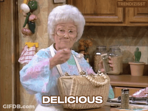 Older Woman Holding Purse Says Delicious GIF