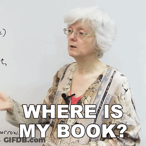 Older Woman In Front Of Whiteboard Saying Where Is My Book GIF