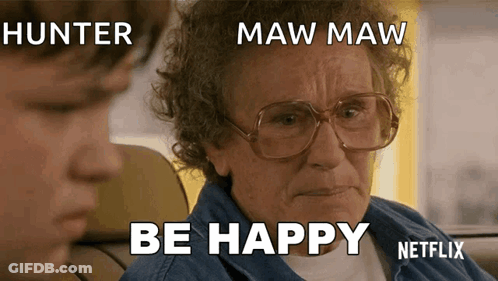 Older Woman With Glasses Sitting Next To Boy Saying Be Happy GIF