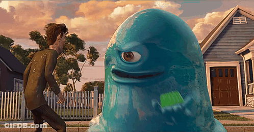 One-Eyed Cartoon Character Beside Man GIF