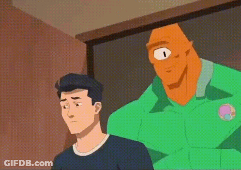 One-Eyed Cartoon Standing Next To Man In Black Shirt GIF