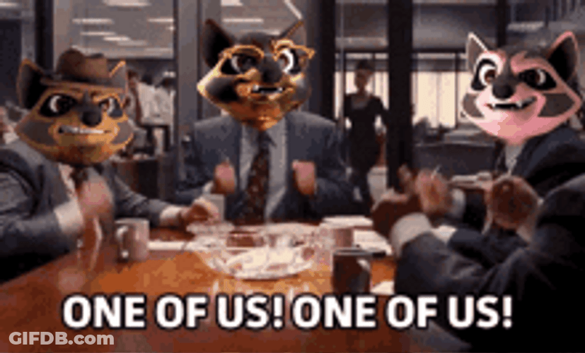 One Of Us Smiling Raccoons Meme GIF