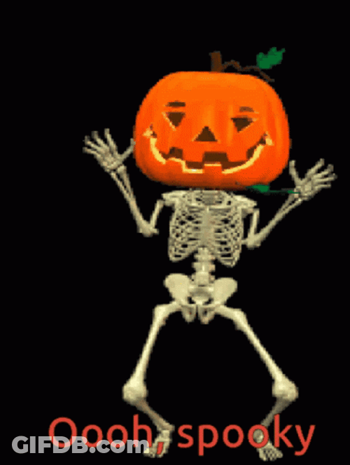 Oooh Spooky Skeleton With Pumpkin Head GIF