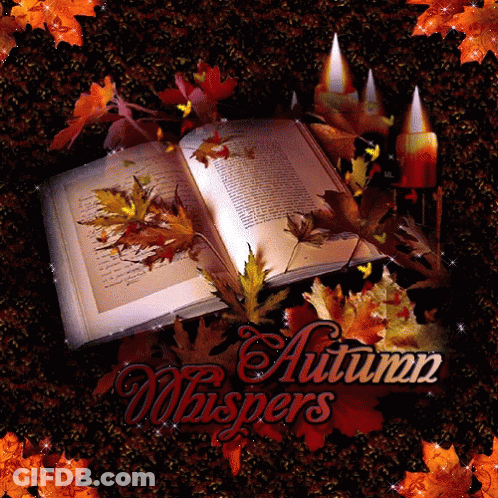 Open Book With Autumn Leaves And Candles Saying Autumn Whispers GIF