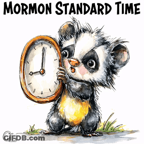 Opossum Holding Clock Saying Mormon Standard Time GIF