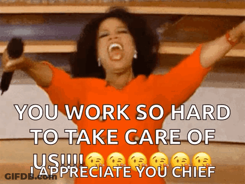 Oprah Winfrey Holding Microphone Arms Up Saying You Work So Hard To Take Care Of Us GIF