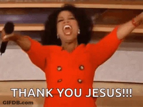 Oprah Winfrey Is Holding A Microphone With Her Arms In The Air And Saying `` Thank You Jesus ! '' GIF