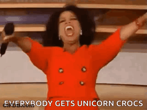 Oprah Winfrey Shouting Everybody Gets Unicorn Crocs GIF