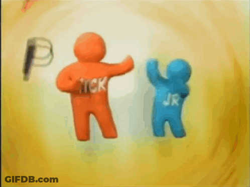 Orange And Blue Cartoon Characters Holding Hands GIF