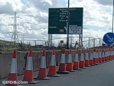 Orange And White Traffic Cones In Front Of Birmingham Business Park Sign GIF