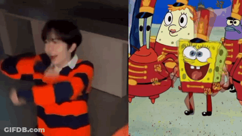Orange Black Striped Shirt Man Dancing Next To Spongebob Band GIF