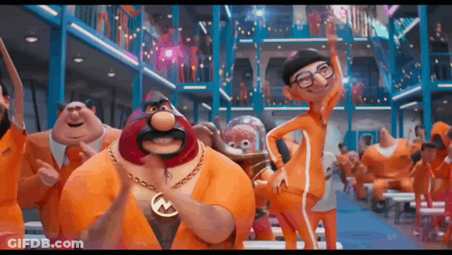 Orange Jumpsuit Cartoon Characters Dancing In Prison Cell GIF