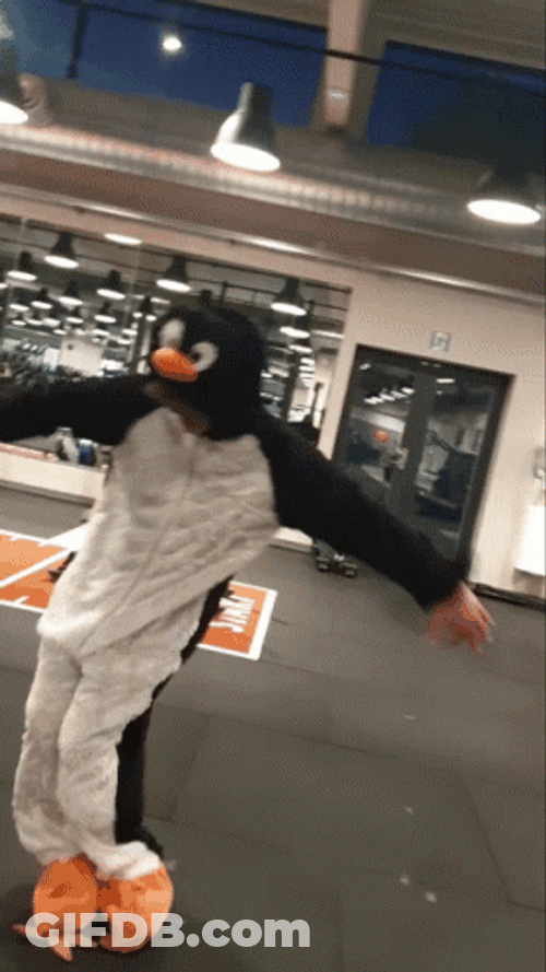 Orange Justice Dance Penguin Costume GIF