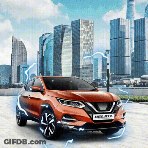 Orange Nissan Helioz Parked In Front Of City Skyline GIF