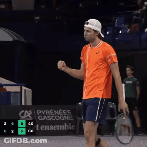 Orange Shirt Man Holding Tennis Racquet Scoreboard CA GIF