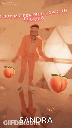 Orange Suit Man Holding Peaches Saying I Got My Peaches Down In Georgia GIF