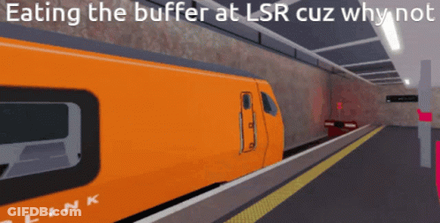 Orange Train Pulling Into Station Eating The Buffer At LSR Cuz Why Not GIF
