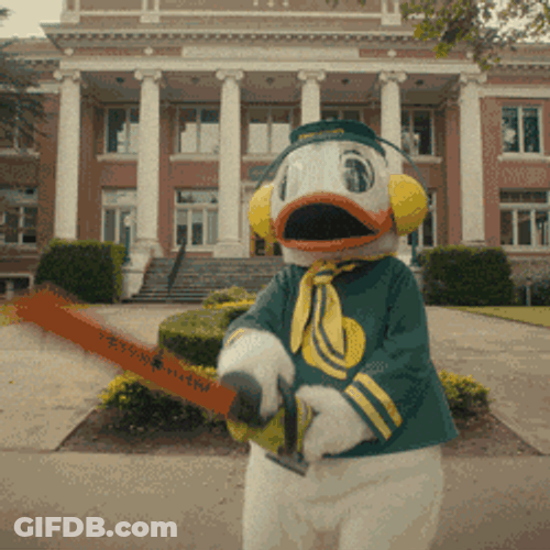 Oregon Mascot Puddles Wielding A Chain Saw GIF