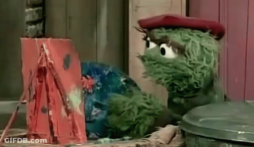 Oscar The Grouch In Red Beret Painting Trash Can GIF