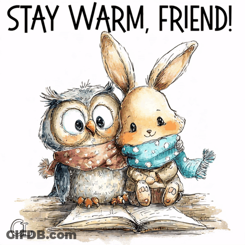 Owl And Rabbit Saying Stay Warm Friend GIF