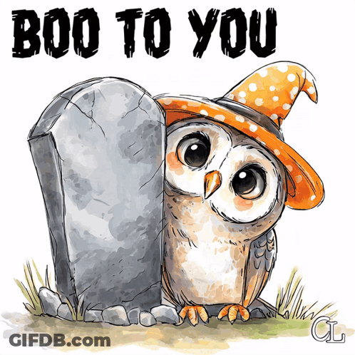 Owl In Witch Hat Next To Grave Saying Boo To You GIF