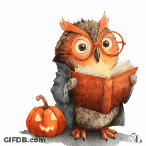 Owl Reading Book Next To Carved Pumpkin GIF