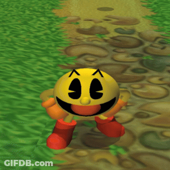 Pac Man Is Walking Along A Path With A Yellow Ball In The Background GIF