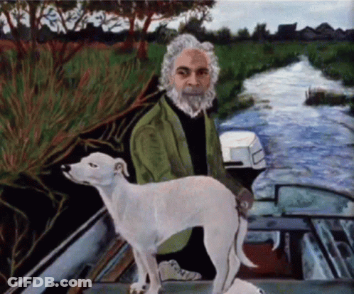 Painting Of A Man And White Dog GIF