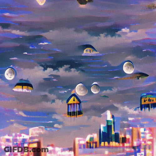 Painting Of City Skyline With Houses And Multiple Moons GIF