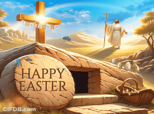 Painting Of Jesus In Front Of Tomb With Happy Easter GIF