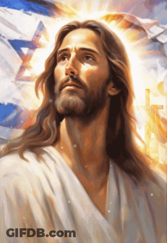 Painting Of Jesus Looking Up With Cross In Background GIF