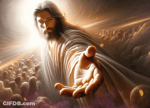 Painting Of Jesus Reaching Out Hand To Crowd GIF