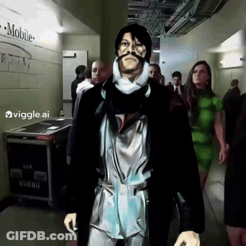 Painting Of Man Walking Down Hallway With Mobile Sign GIF