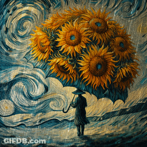 Painting Of Person Holding Umbrella With Sunflowers GIF