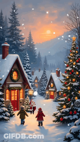 Painting Of Santa Claus Walking Down Snowy Street GIF