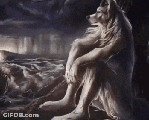 Painting Of Werewolf Sitting On Rock Near Water GIF