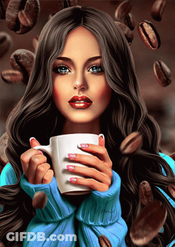 Painting Of Woman Holding Cup Of Coffee GIF