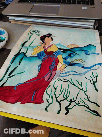 Painting Of Woman In Red Dress On Laptop GIF