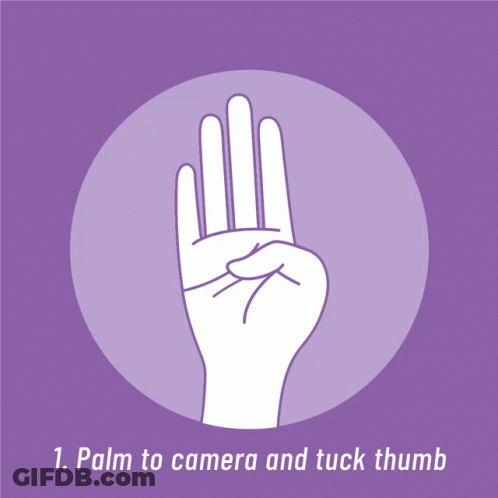 Palm To Camera Tuck Thumb Sign Purple Background GIF