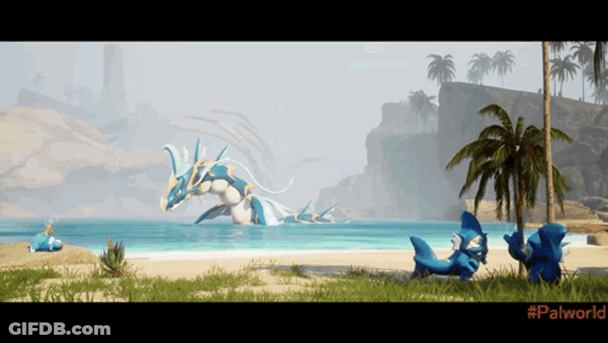 Palworld Dinosaur Water Fight GIF
