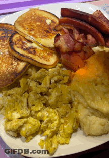 Pancakes Scrambled Eggs Bacon Cheese On White Plate GIF
