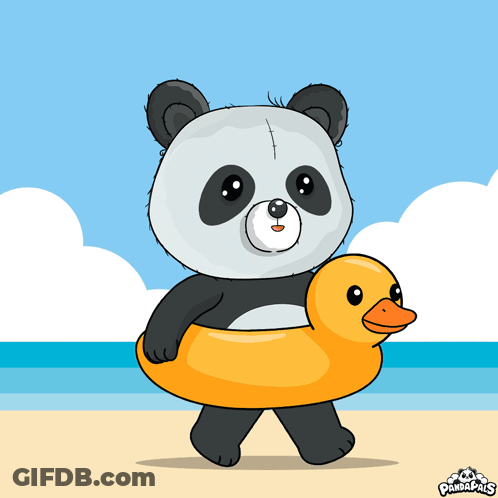 Panda Bear Carrying Yellow Rubber Duck On Beach GIF