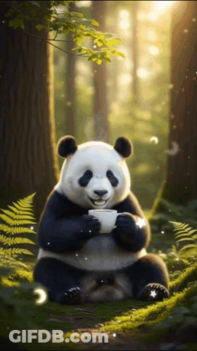 Panda Bear Drinking Coffee In Forest GIF