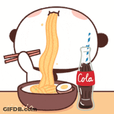 Panda Bear Eating Noodles Next To Cola GIF