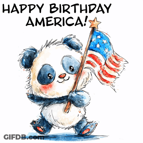 Panda Bear Holding American Flag Happy Birthday America GIF